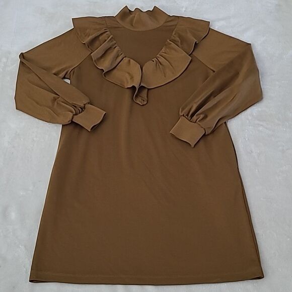 Who What Wear Women's Small Shirt Dress Brown Ruffle Long Sleeve Mock Neck Boho - Picture 3 of 16